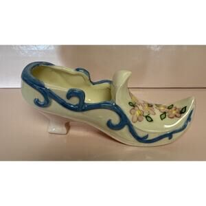 Vintage Blue Floral Porcelain Ceramic hand painted Slipper Shoe 6” Pink Sole